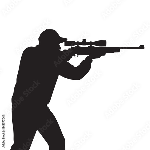 Hunter or Shooter with Rifle and Scope Aiming in Profile View Isolated White Background Vector Illustration