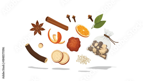 Culinary aromatic elements for festive drinks and delicious recipes floating art