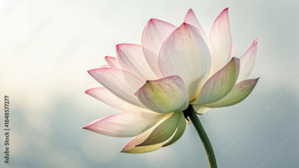 Fototapeta premium Garden flowers symbolic watercolor. serene lotus flower with soft pink and white petals against blurred background
