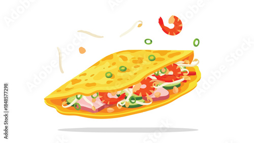 Vibrant illustration of a savory pancake filled with fresh shrimp crisp vegetables and herbs perfect for culinary themes