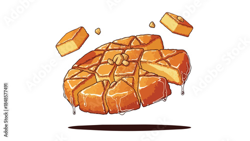 Delicious golden glazed pull-apart bread with scattered nuts floating in an inviting cartoon style