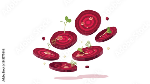 Vibrant fresh beetroot slices beautifully levitating, adorned with delicate green sprouts and glistening water droplets, epitomizing natural health
