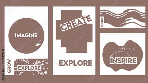 Brown inspirational quote posters with imagine, explore, create, inspire, grow, motivational phrases on white background, graphic resource for design