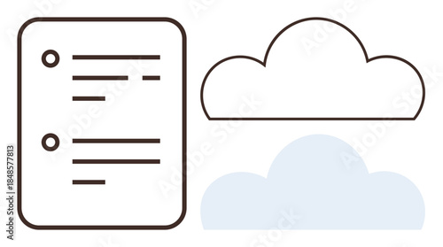 Document with text lines next to outlined and filled cloud shapes symbolizing digital storage, data access, and computing. Ideal for technology, organization, innovation, cloud computing, simplicity
