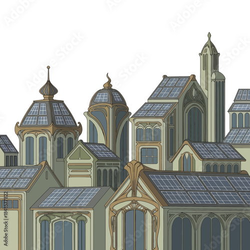 Intricate Rooftops and Historic Architecture Illustration.