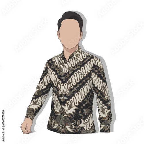 Faceless man wearing intricate batik shirt.