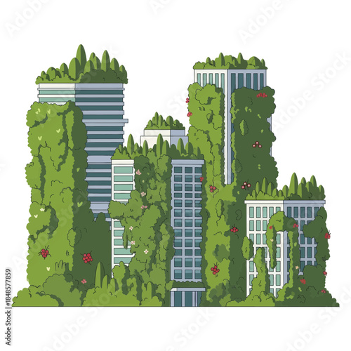 Green living skyscrapers covered with vertical gardens.