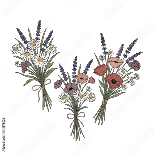 Three dried flower bouquets arranged as main subject.