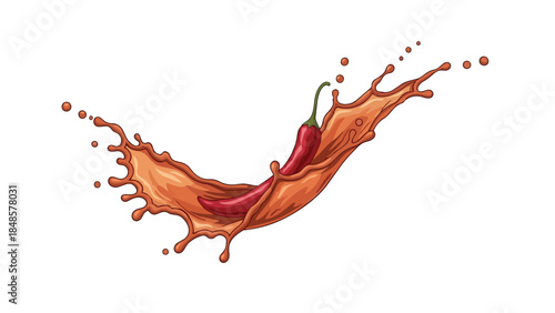 Vibrant red chili pepper illustration caught mid-splash in dynamic amber liquid, evoking powerful spice and flavor, perfect for food and drink