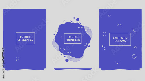 Three blue futuristic book covers with white text and graphics, future cityscapes, digital frontiers, synthetic dreams