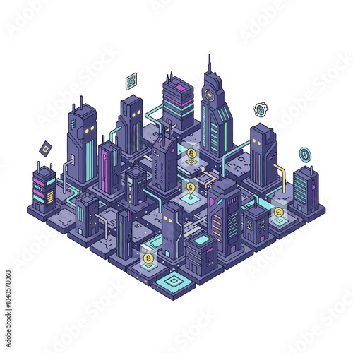 Isometric Cityscape Featuring Towering Buildings And Lights.