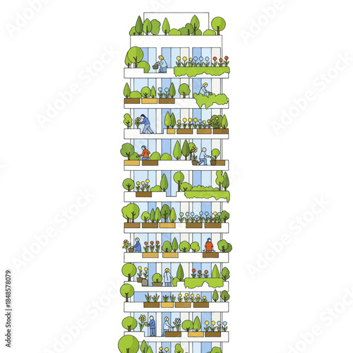 Greenery covered multi level apartment tower illustration.