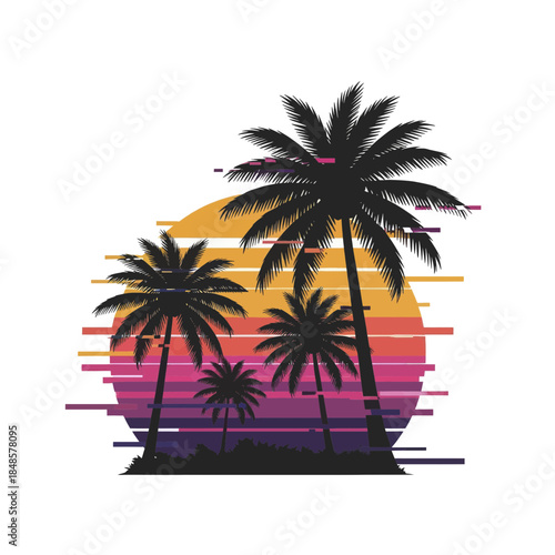 Tropical palm trees silhouette at sunset on island.