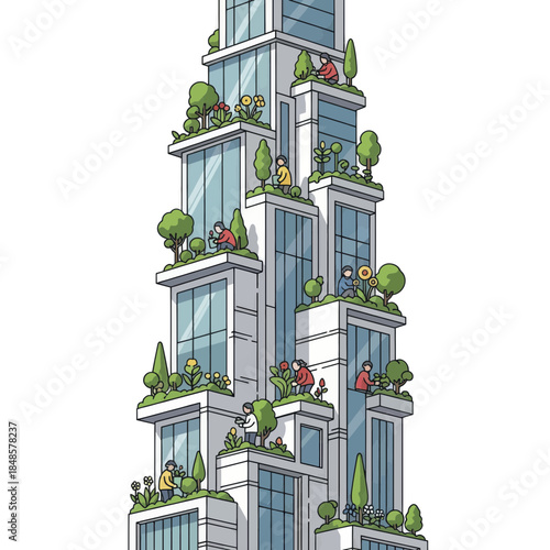 Vertical Green Highrise with Lush Balconies and Plants.