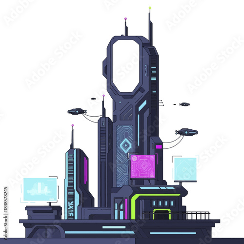 Futuristic city skyscraper dominates the skyline.