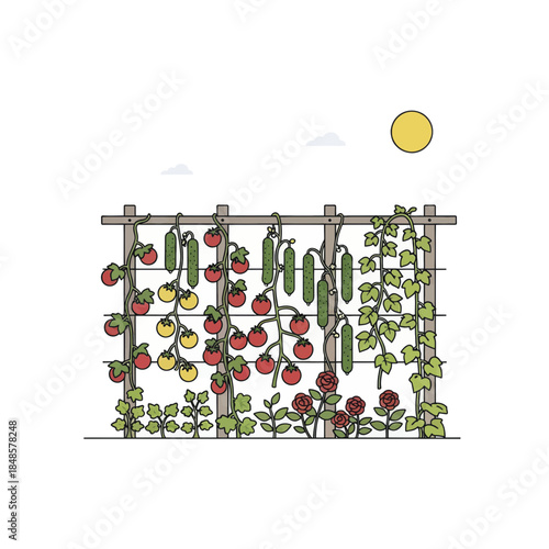 Vegetable Plants Growing on a Trellis Garden Support.