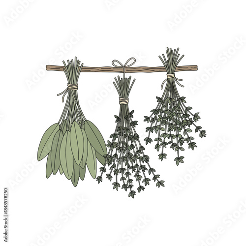 Three Hanging Dried Herb Bundles on Rod.