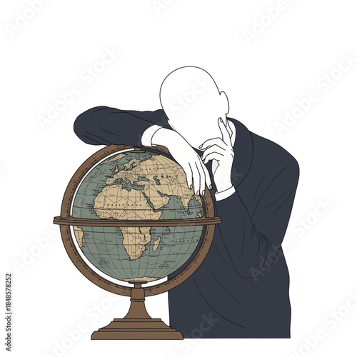 Thoughtful person leaning on globe and map.