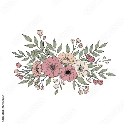 Delicate Pink and Peach Flower Bouquet Illustration.