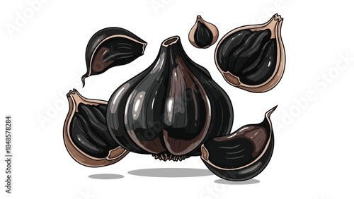 Exquisite black garlic illustration, featuring whole bulbs and separated cloves. A fermented culinary superfood