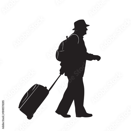 Senior man pulling rolling luggage suitcase and wearing backpack, walking forward. Silhouette of elderly traveler on journey, moving with travel accessories.