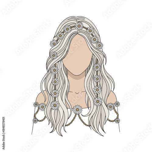 Bohemian illustration of a faceless woman with long flowing hair and ornate headpiece.