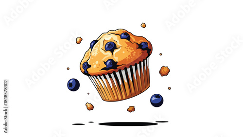 Delicious floating blueberry muffin with scattered berries and crumbs in a playful vector style illustration perfect for sweet treat advertising and