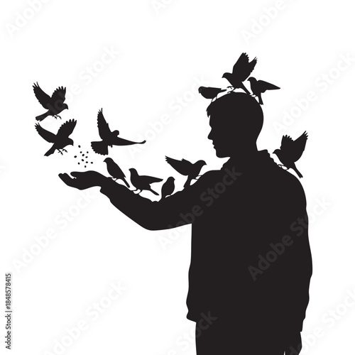 Silhouette man feeding birds hand. Outdoor person bird lover. Hand drawn vector outline illustration. Concept wildlife interaction, animal kindness, nature connection, tranquil moment.
