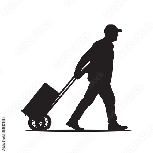 Worker pulling hand truck or trolley loaded with box, moving forward. Silhouette of delivery person or mover transporting goods. Industrial or commercial logistics concept.