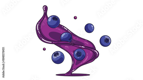 Dynamic illustration of fresh blueberries amidst a swirling flow of vibrant purple liquid, symbolizing natural sweetness and energetic refreshment.