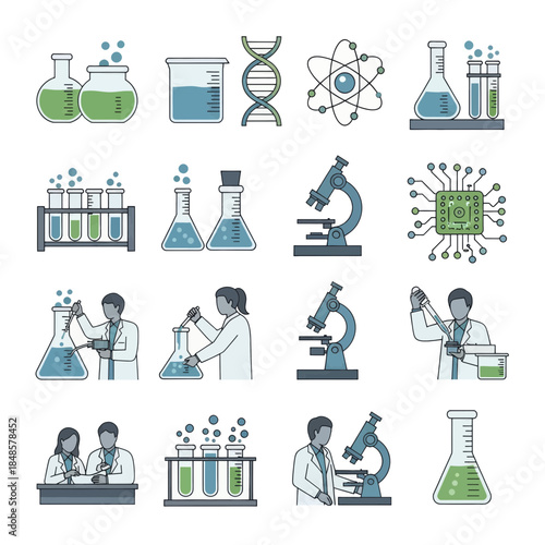 Science laboratory icons featuring scientists and equipment.