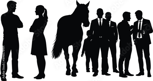 Business Team Silhouettes Standing with Horse on White Background