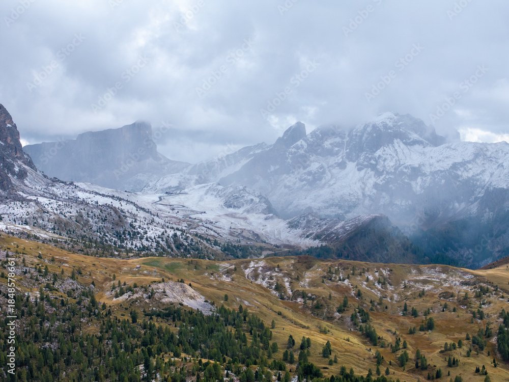 Fototapeta premium Aerial view of the Dolomites mountains in Italy, dramatic alpine landscape