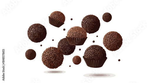 Delicious chocolate brigadeiros with sprinkles floating against a clean white background