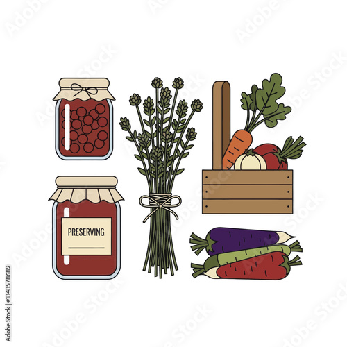 Assorted Preserved Jars and Fresh Vegetables Arrangement.