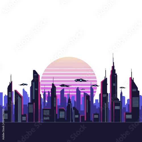 Stylized City Skyline at Sunset Over Horizon.