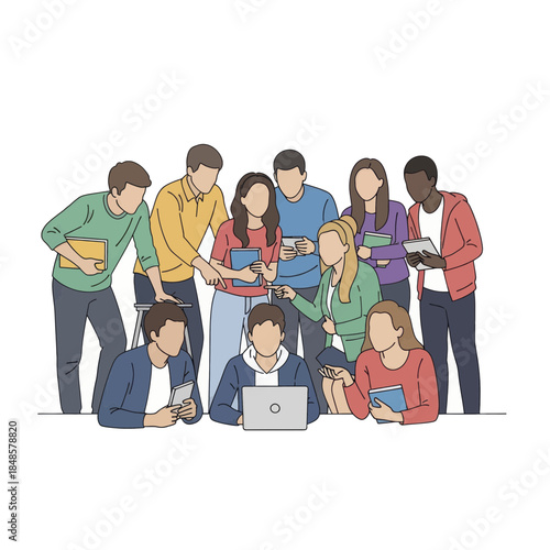 Group Of Students Collaborating With Devices.