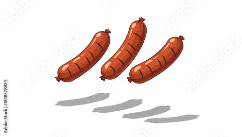 Three grilled sausages floating above a white background, casting distinct shadows