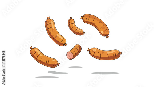 A captivating artistic portrayal of multiple succulent grilled sausages, floating dynamically with one sliced, showcasing delicious culinary appeal