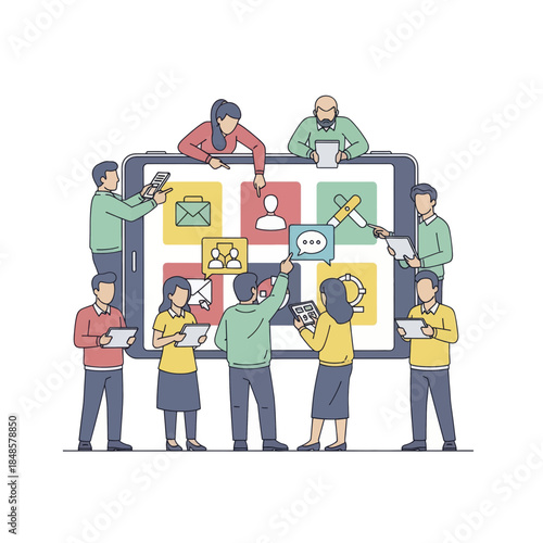 Dynamic team collaboration around a large screen board.