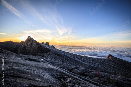 Silhouette of Mount Kinabalu Peak at Sunrise Above a Sea of Clouds, Sabah, Malaysia