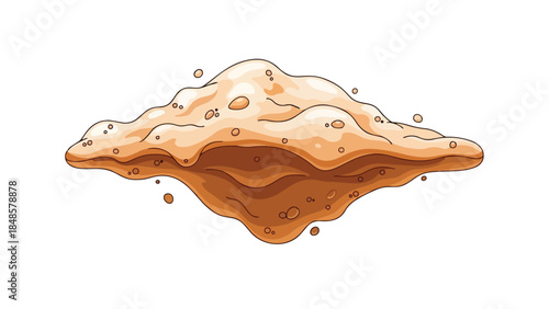 Stylized illustration of a delicious caramel or chocolate dessert topping with rich creamy texture and floating bubbles