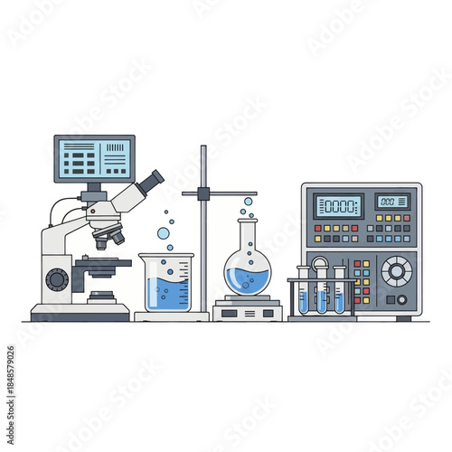 Laboratory Scientific Equipment Setup With Microscope Beaker And Analyzer.