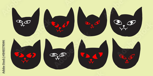 Collection of black cat faces with varied expressions on a pale yellow background editable