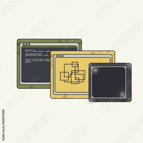 Multiple Computer Monitors Displaying Code and Diagrams.
