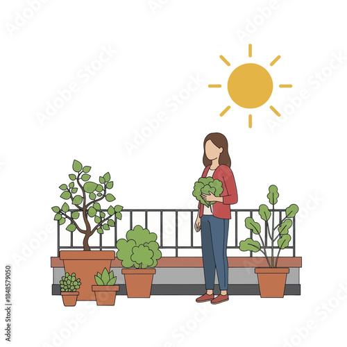 Woman Holding Plant On Sunny Balcony.