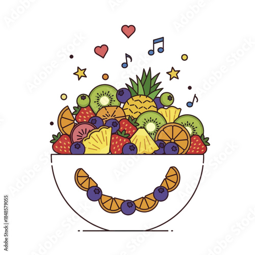 Colorful Cartoon Fruit Bowl With Assorted Fresh Fruits.