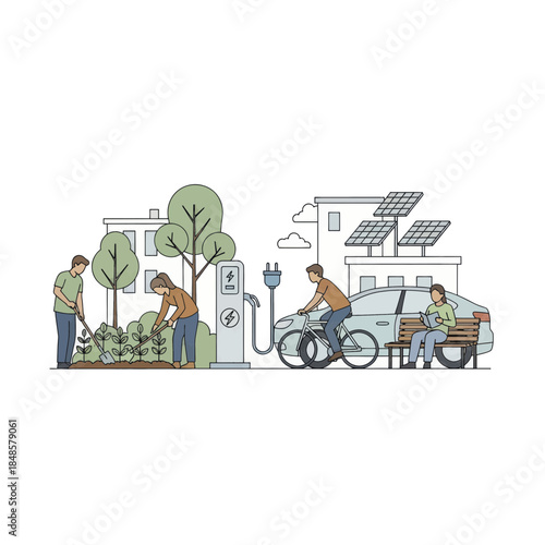 Community garden scene with people planting and tending plants.