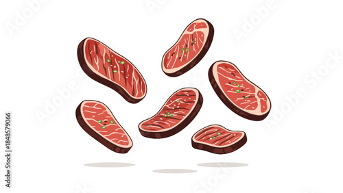 Vibrant illustration of prime raw meat cuts, displaying rich red muscle and fine marbling, lightly seasoned, ideal for diverse culinary creations