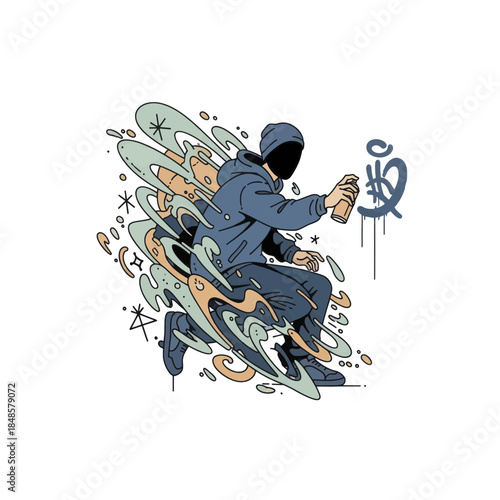 Hooded Street Artist Creating Graffiti Tag.